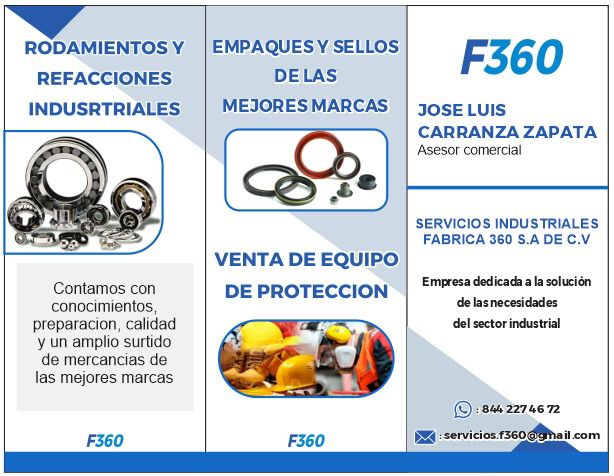 Flyer F360: rodamientos y refacciones industriales; empaques y sellos; venta de equipo de protección; datos de contacto.